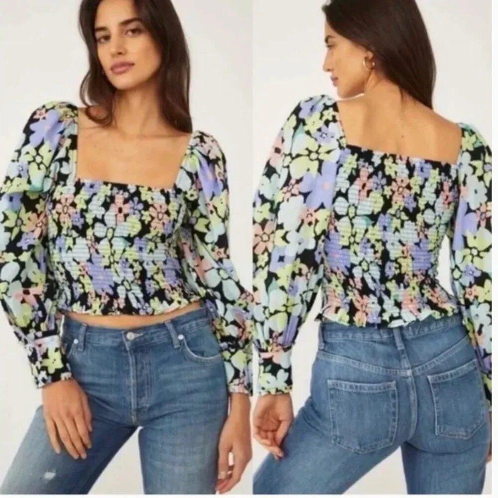 Free People Ariana Blouse Floral Retro Smocked Puff Long Sleeve Shirt Size Small